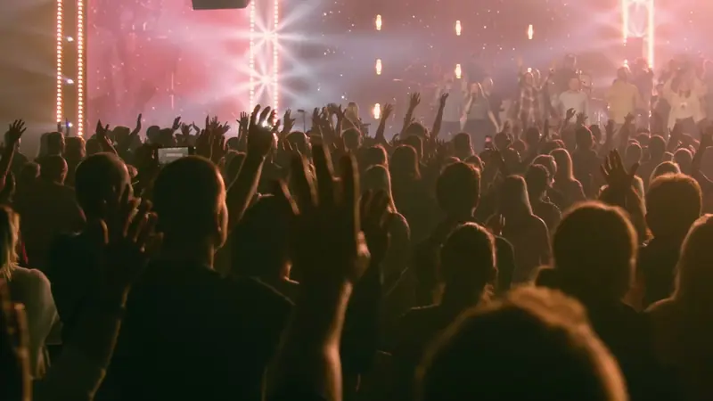 Koncert — publiczność z uniesionymi rękami